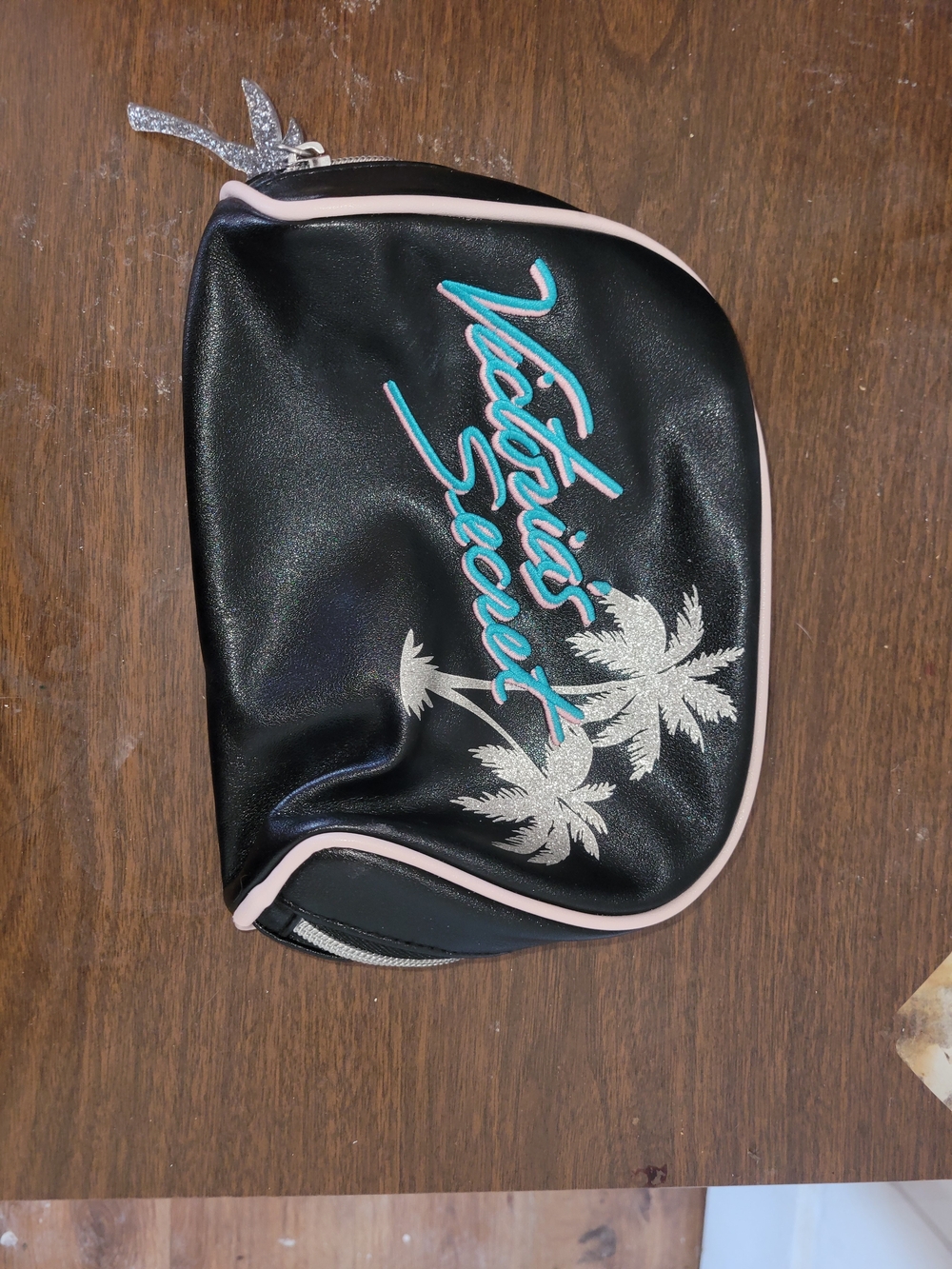 Victoria's Secret Black Cosmetic Pouch with Turquoise Script and Silver Palms
